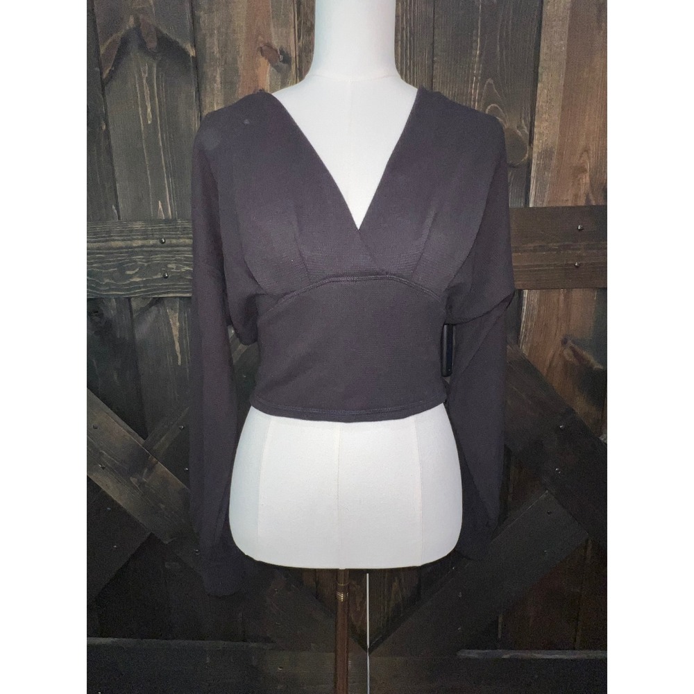 FP We The Free Black All Nighter Cropped Top Waffle Knit Sweater M Boho Cozy